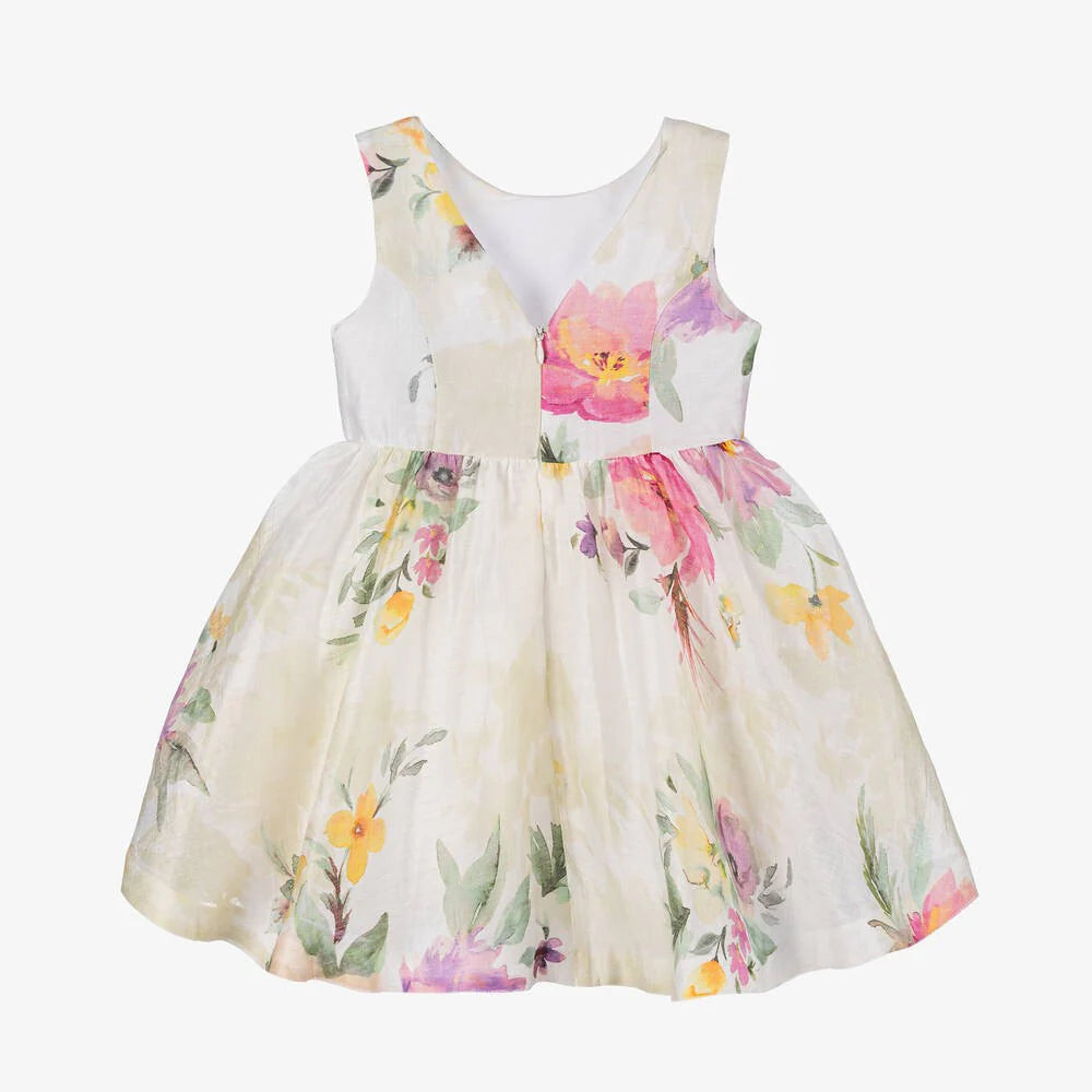 Abel & Lula Girls Cream with Pastel Floral Linen Dress