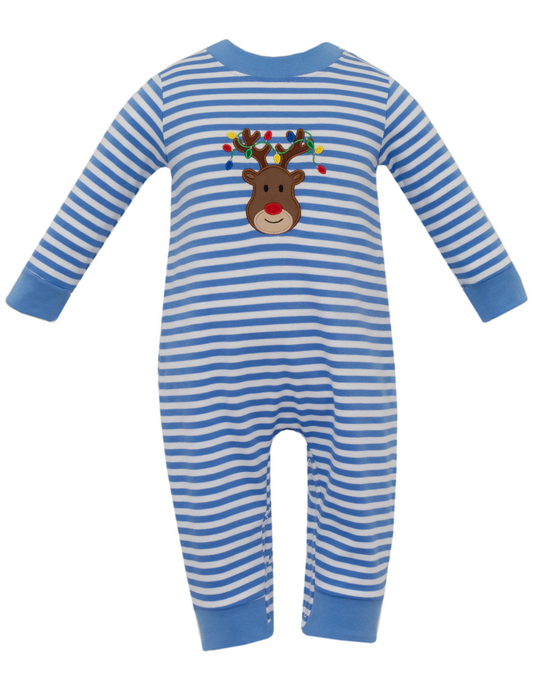 CLAIRE & CHARLIE: Reindeer face periwinkle blue stripe knit boy's longer romper