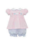 CLAIRE & CHARLIE: BUNNY GARDEN GIRLS - Girl's Bloomer set - Pink gingham seersucker w/ blue bloomer