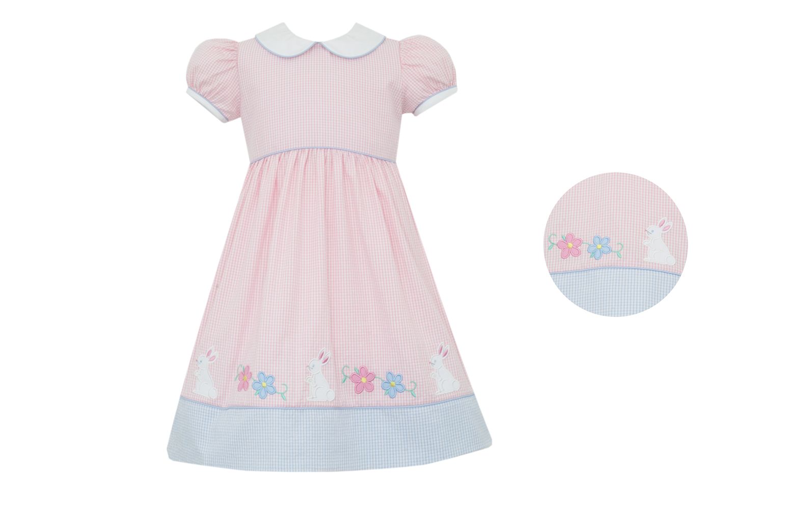 CLAIRE & CHARLIE: BUNNY GARDEN GIRL ́S - Girl's Dress - Pink gingham seersucker dress w/ blue border