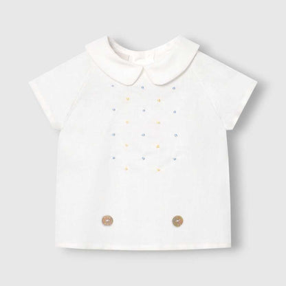 PAZ RODRIGUEZ: “BICO” Boys Two Piece Blue/ Yellow Dot Shirt with Sky Blue Short Set