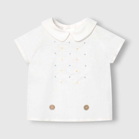 PAZ RODRIGUEZ: “BICO” Boys Two Piece Blue/ Yellow Dot Shirt with Sky Blue Short Set