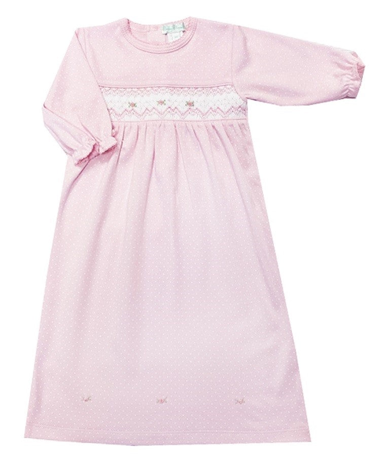 BABY THREADS : PINK TINY DOTS SMOCKED DAY GOWN