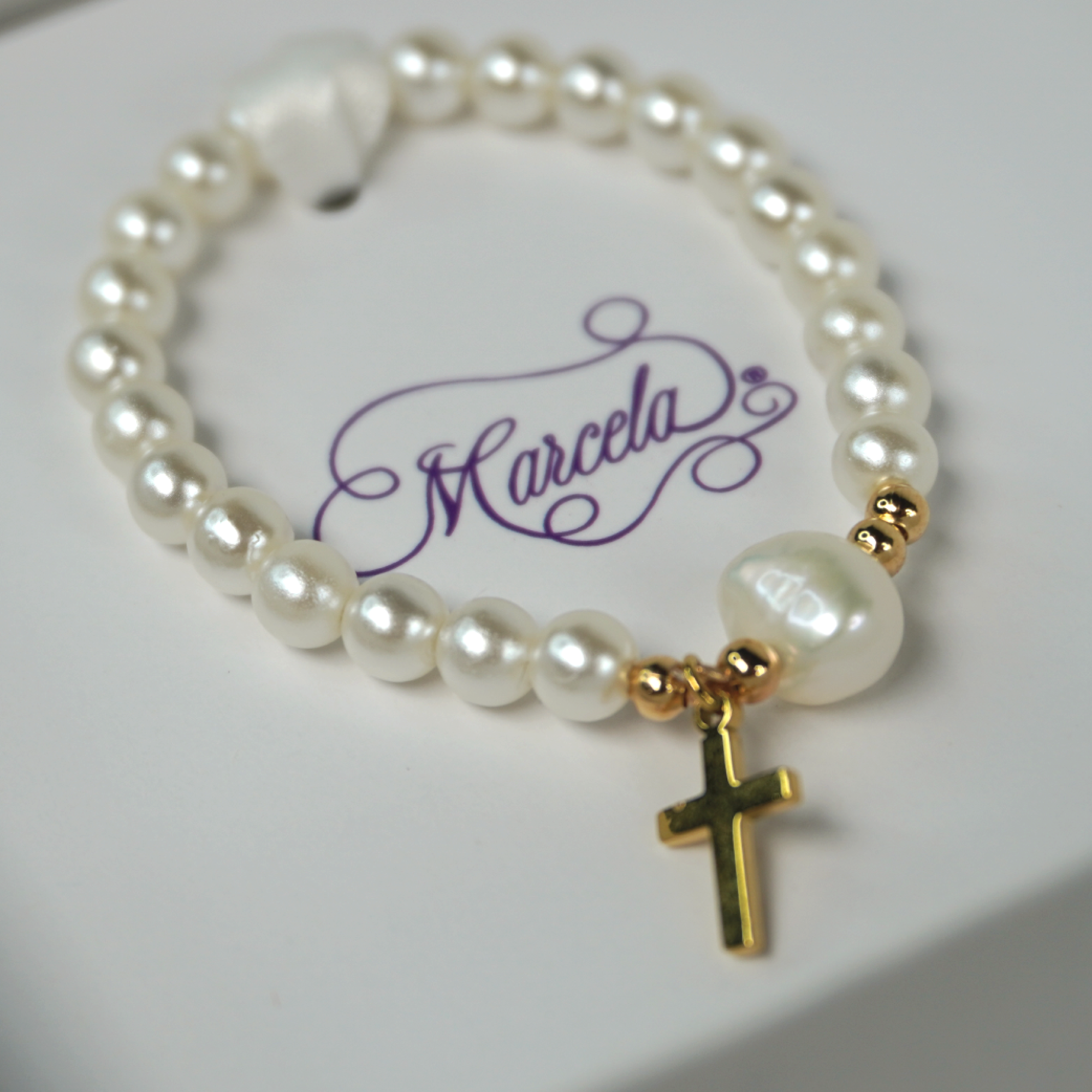 Gold  Cross Pearls with One Water Pearl Bracelet - 6MM