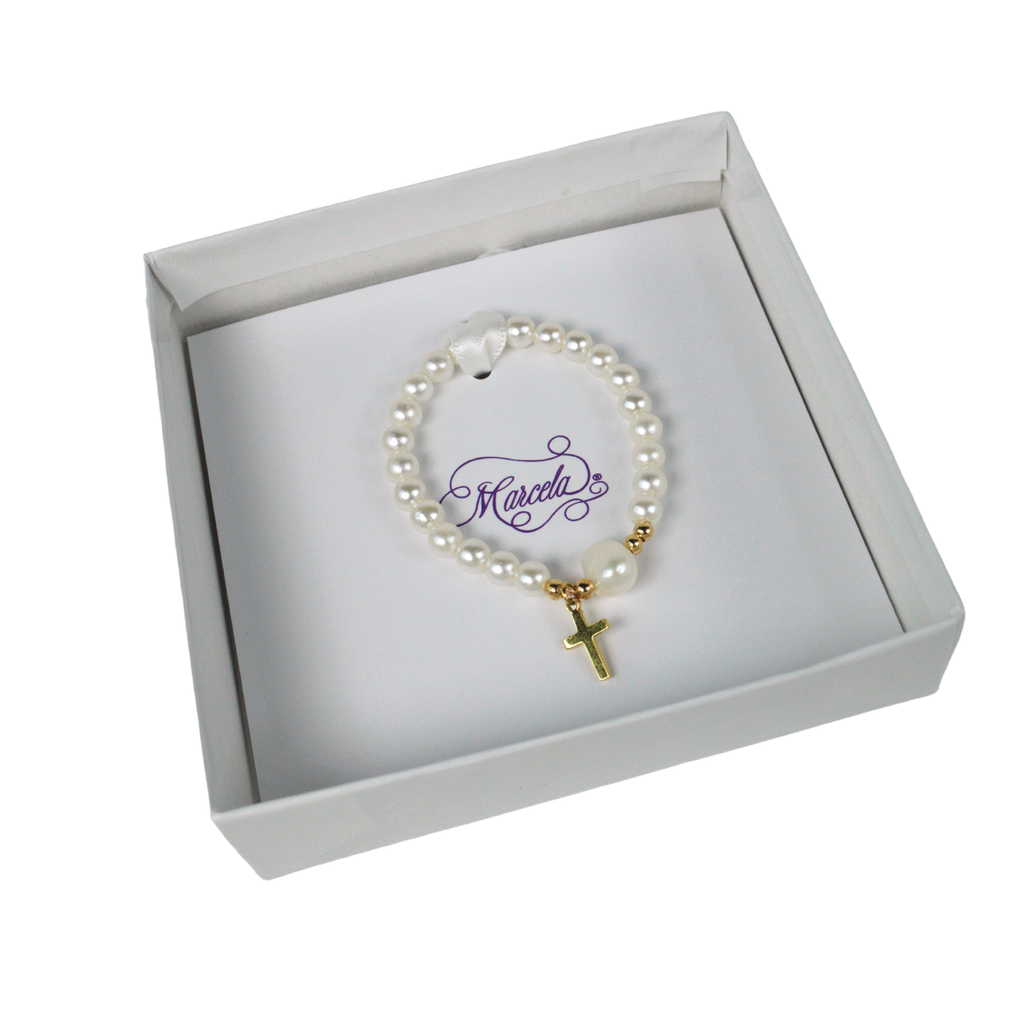 Gold  Cross Pearls with One Water Pearl Bracelet - 6MM