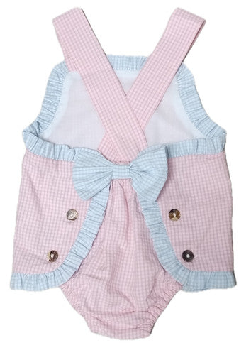 Marco & Lizzy : Pink Cheeks Blue Ruffle Baby Girl's Sun Romper