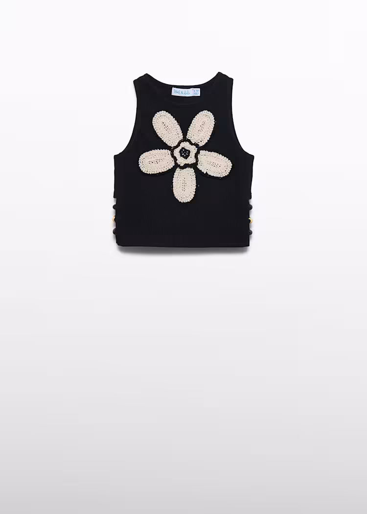 ABEL & LULA : Girl Black Crochet Knit Top with Beige flower Accent paired with Beige Flowy Pant Set