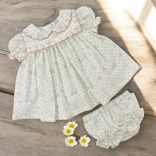 White & Dusky Pink Dress & Bloomers