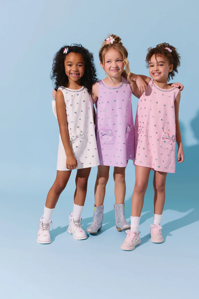 Lola and the Boys: Lavender Crystal Heart Denim Bow Dress