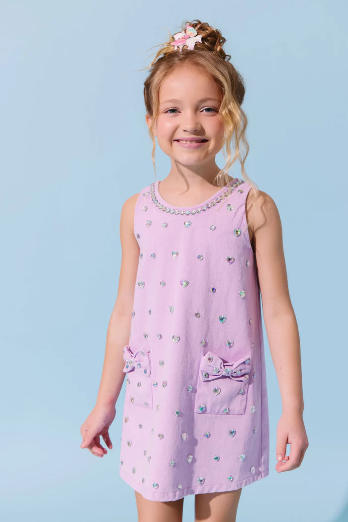 Lola and the Boys: Lavender Crystal Heart Denim Bow Dress