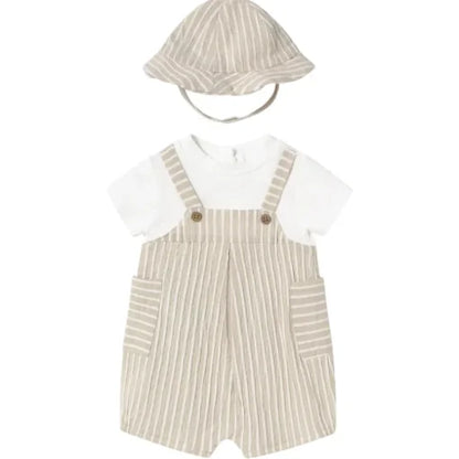 MAYORAL: INFANT BOYS STRIPED TAN ROMPER W/HAT