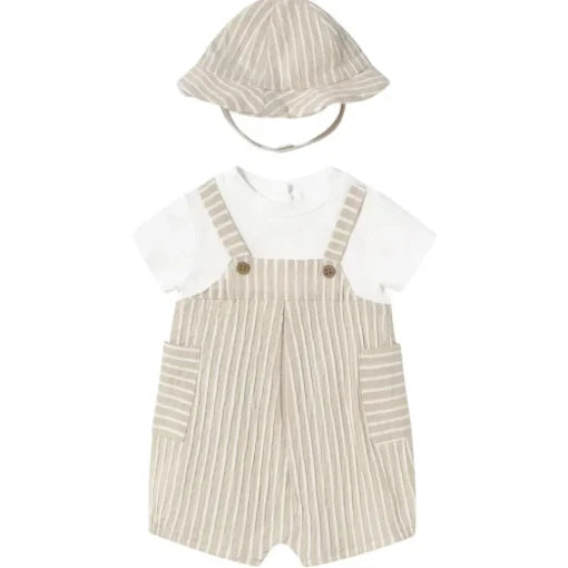 MAYORAL: INFANT BOYS STRIPED TAN ROMPER W/HAT