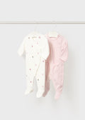 MAYORAL: TWO PIECE VELOUR ONSIES IN LIGHT PINK AND WHITE WTH PINK POLKA DOTS