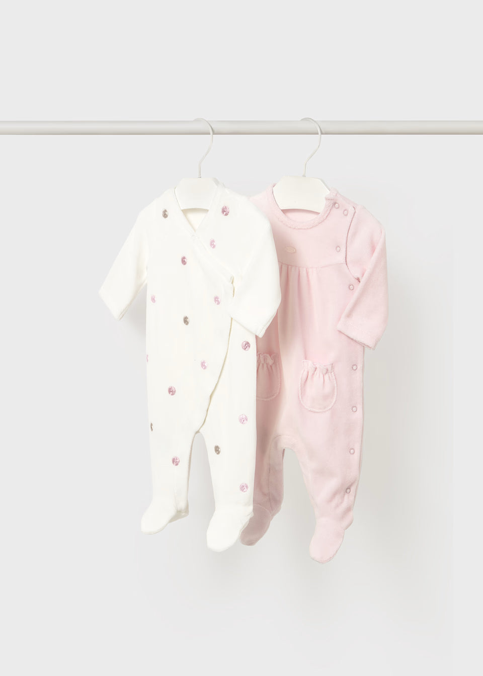 MAYORAL: TWO PIECE VELOUR ONSIES IN LIGHT PINK AND WHITE WTH PINK POLKA DOTS
