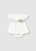 MAYORAL : Newborn Girl Dress with Floral Sash and Bloomers