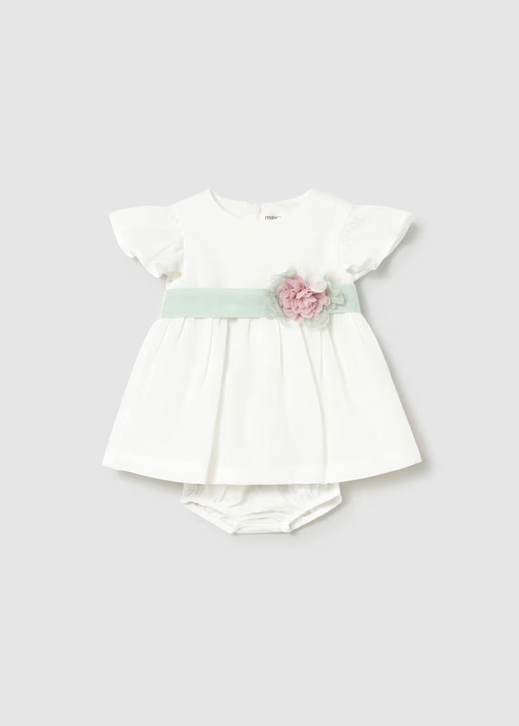MAYORAL : Newborn Girl Dress with Floral Sash and Bloomers