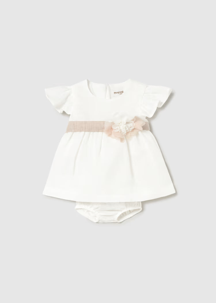 MAYORAL : Newborn Girl Dress with Floral Sash and Bloomers