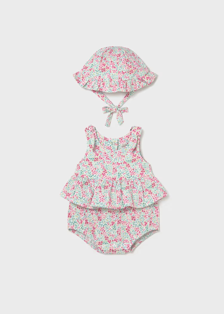 Mayoral: Newborn Girl Printed Romper with Hat Set