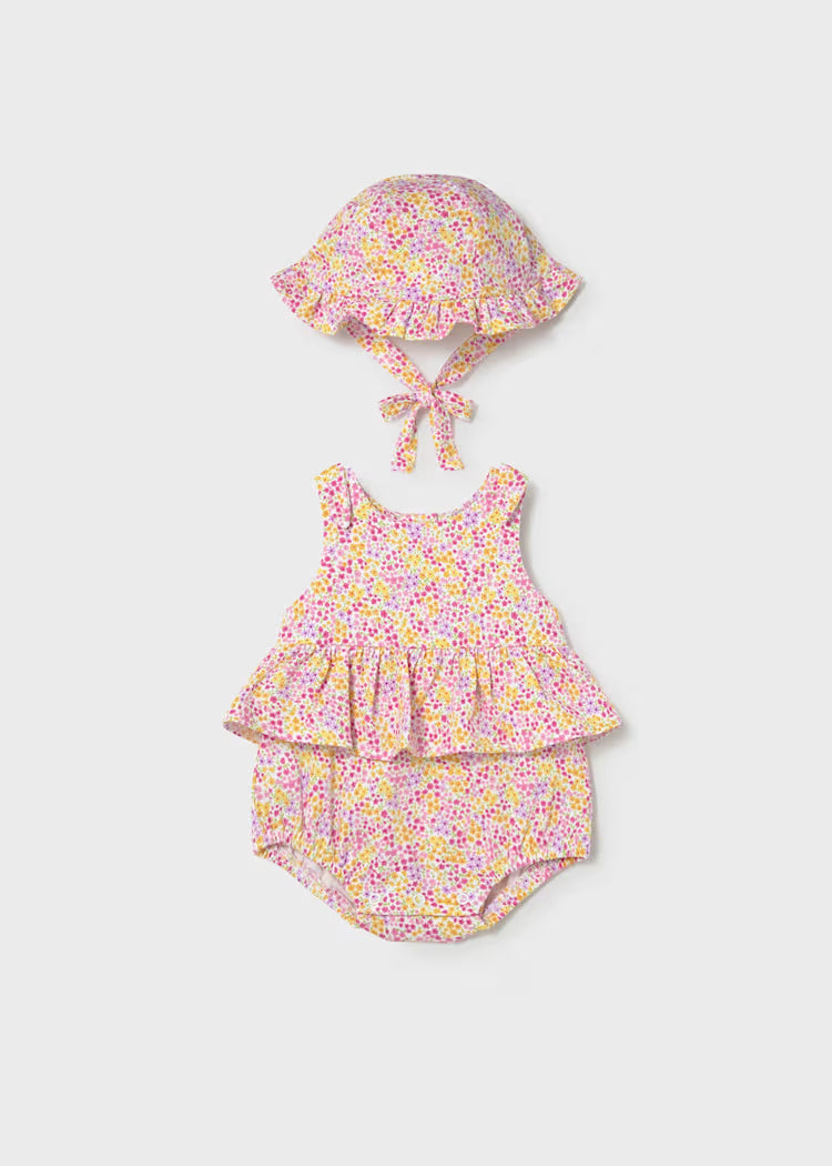 Mayoral: Newborn Girl Printed Romper with Hat Set
