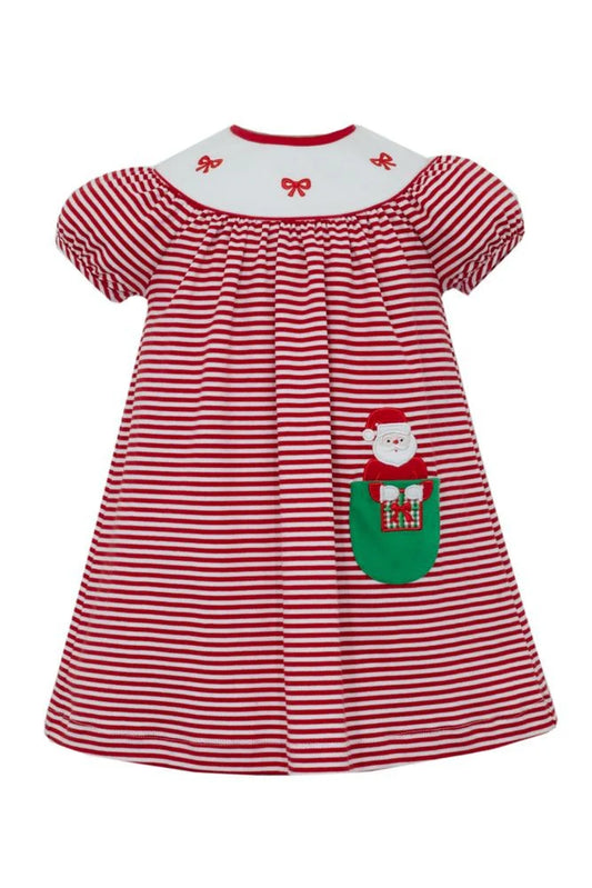 CLAIRE & CHARLIE: Santa- Red knit stripe bishop style dress w/pocket w/ white insert