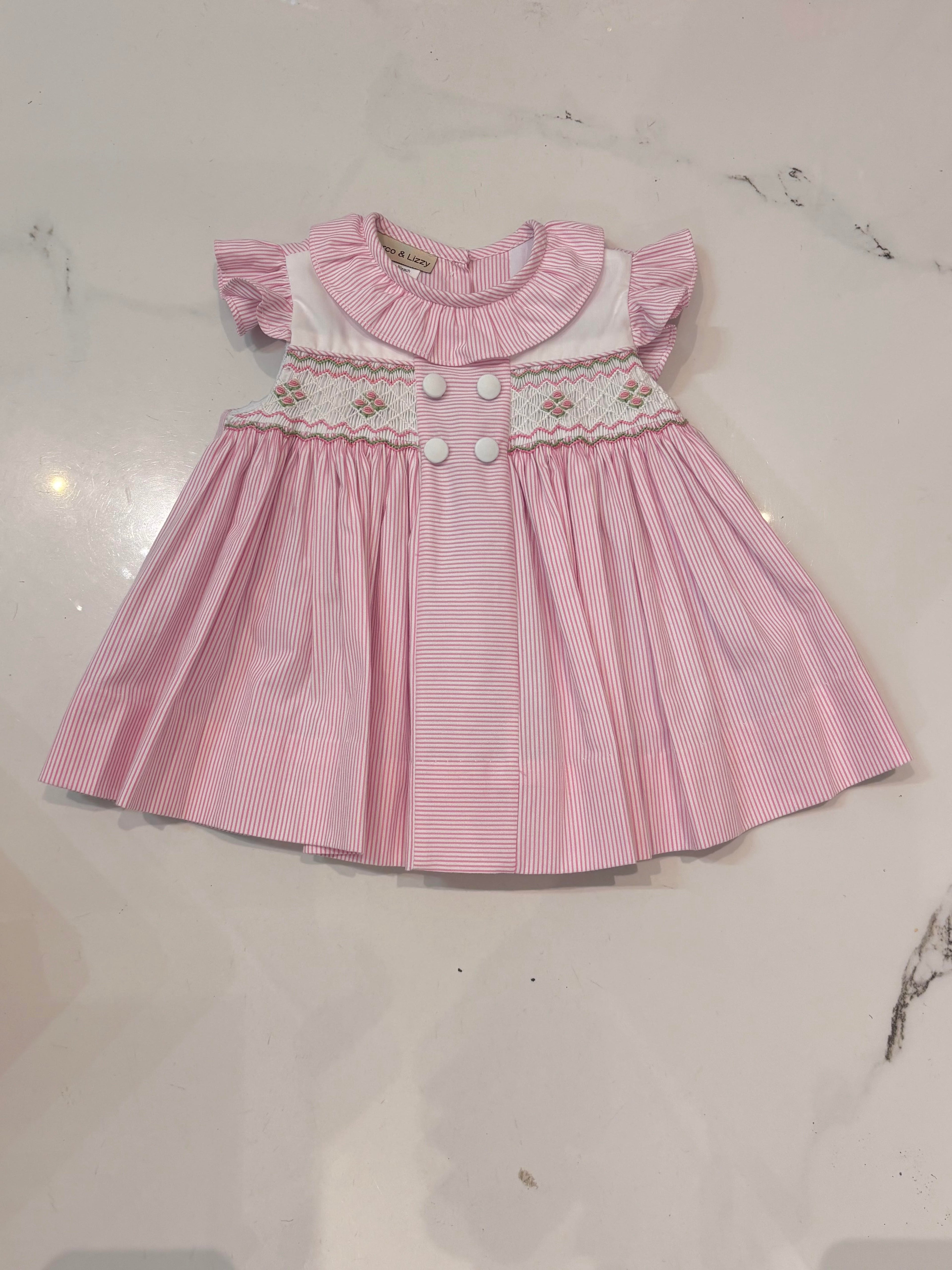 Marco & Lizzy Hand Smocked Pink Striped Baby Girl Dress