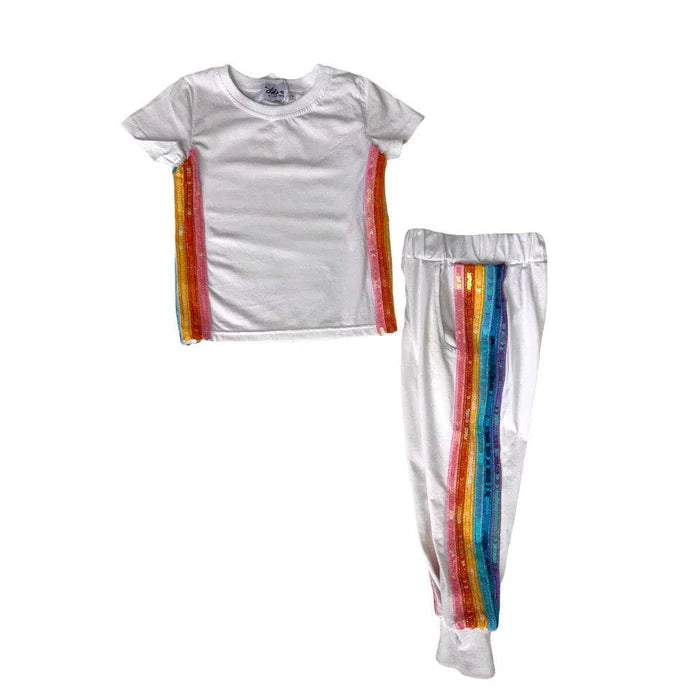 Lola and the Boys: Girl's White Rainbow Sequin Jogger Set