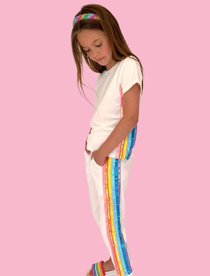 Lola and the Boys: Girl's White Rainbow Sequin Jogger Set